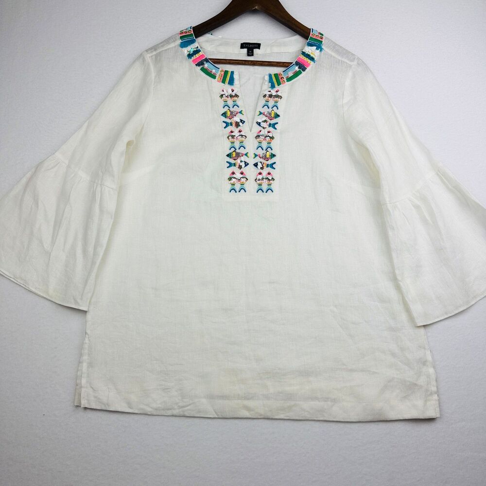 Talbots Linen Embellished Fish Embroidered Bell Sleeve Boho Tunic Medium